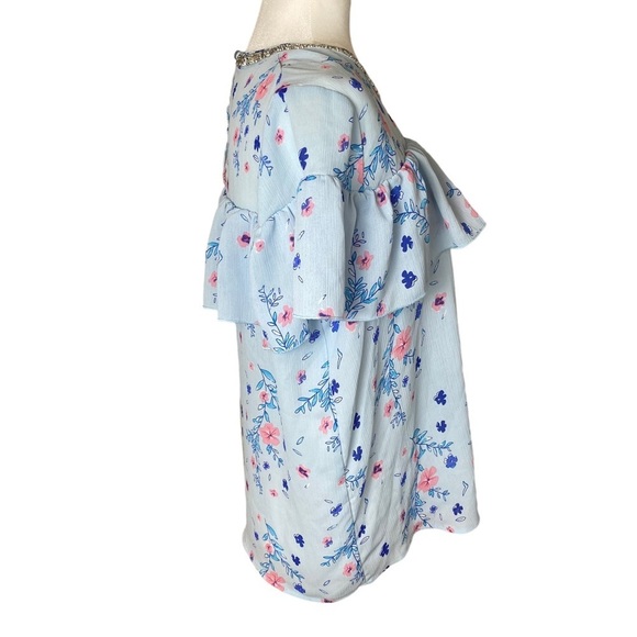Juicy Couture Top Medium Rain Floral Ruffle Blouse Rhinestone Neck - Picture 9 of 15